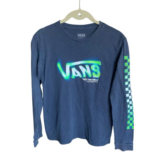 Vans Classic Fit T-Shirt Youth Boy's Tee Small (8/10) Checkered Long Sleeve Blue - Picture 1 of 8